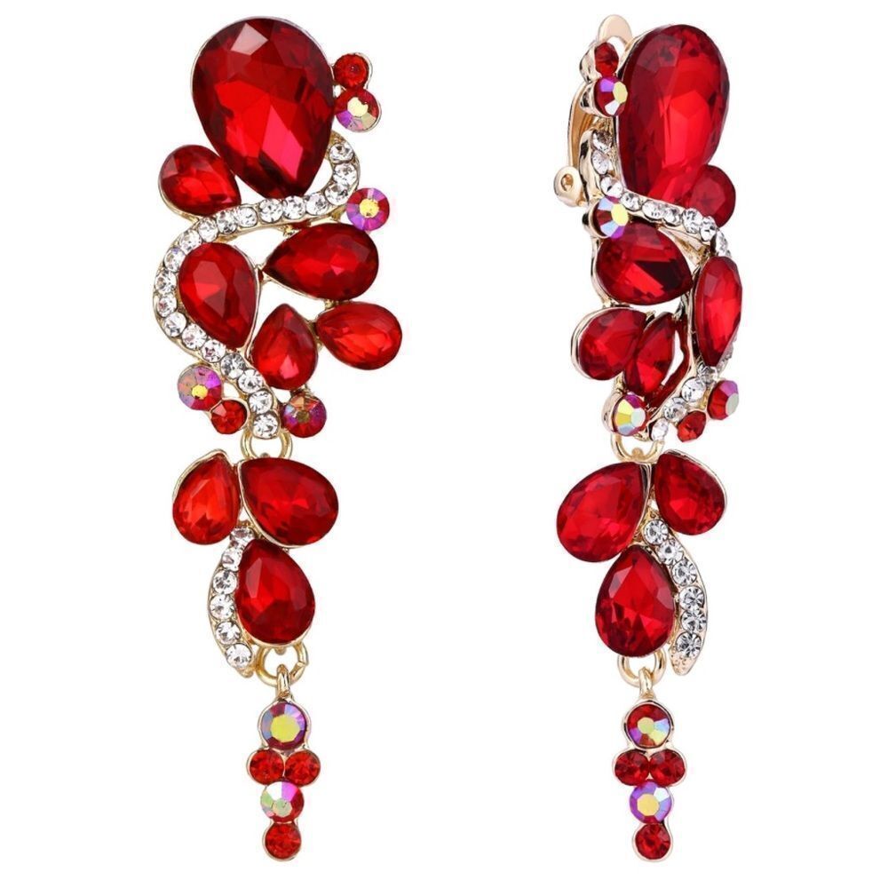 Yellow Gold with Ruby Red and AB Austrian Crystal Chandelier Clip On Earrings